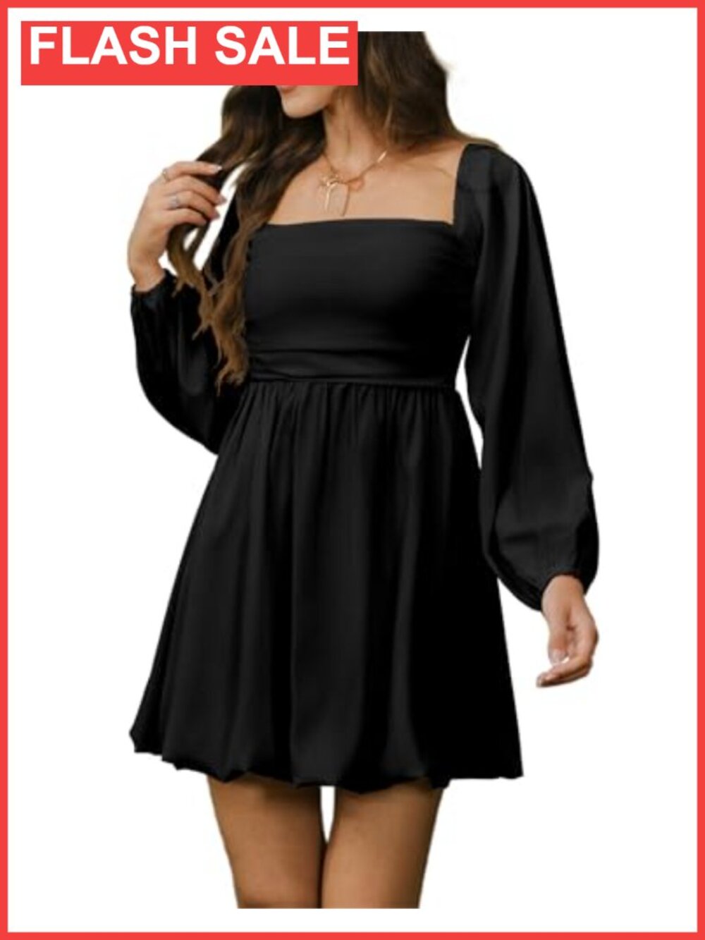 Women's Long Sleeve Square Neck Bubble Mini Dress Smocked A-Line